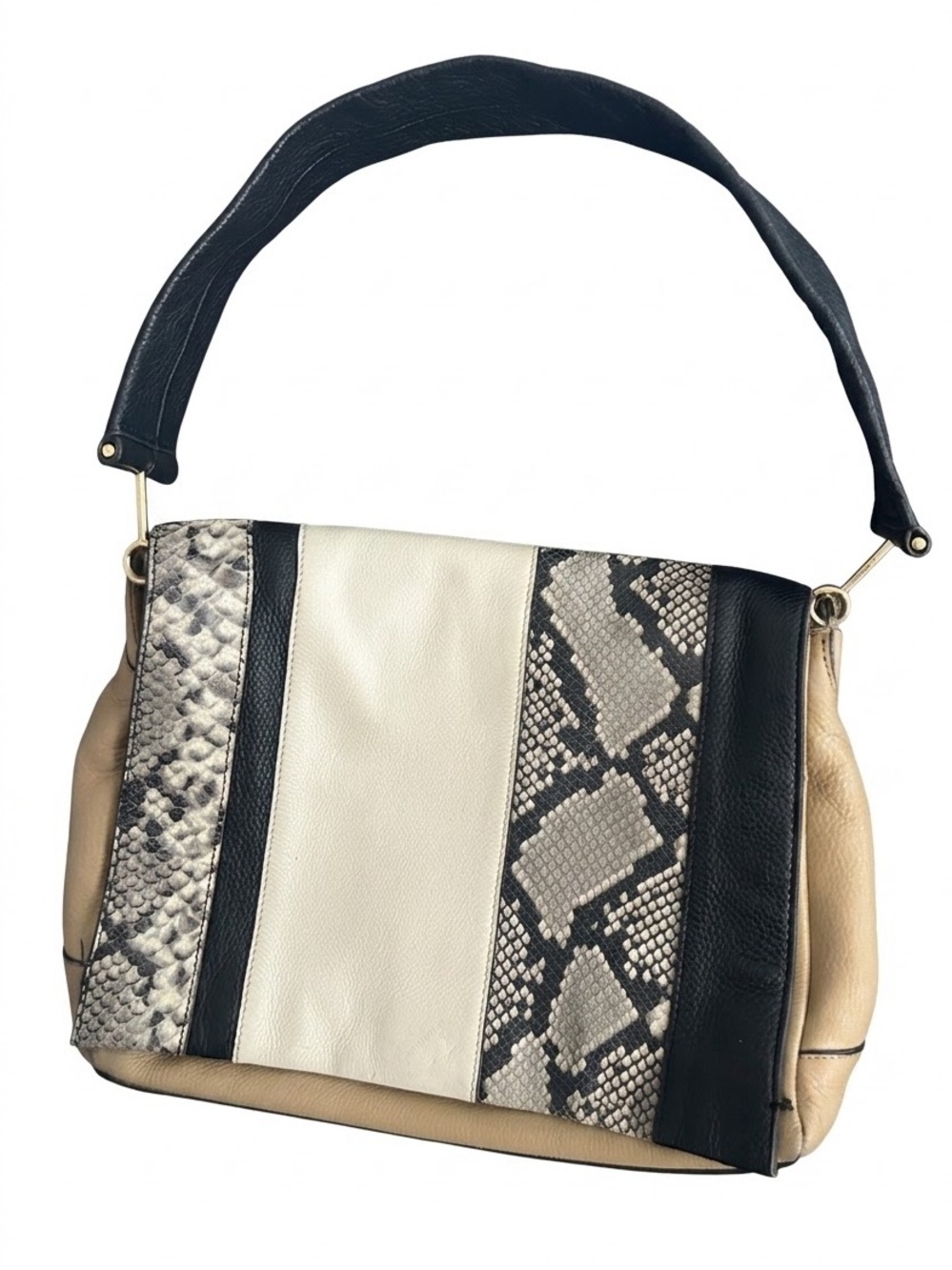 Vince Camuto Black Tan Snake Print Leather Flap Shoulder Bag 12x8x3 inches